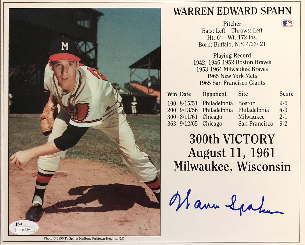 Warren Spahn Signed 8x10 Photo JSA James Spence Authentication Services Certified
